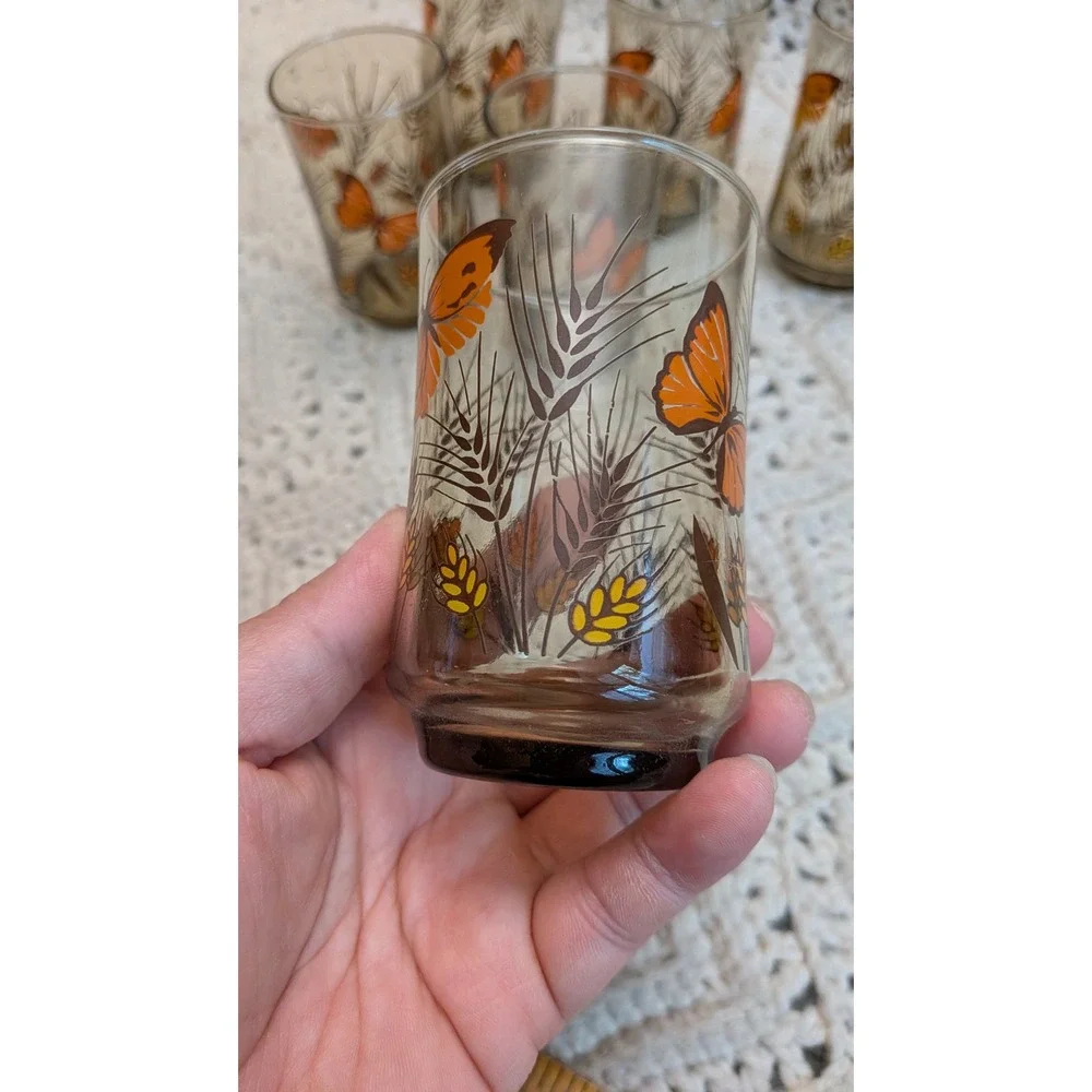 Vintage Libbey Butterfly Wheat Smoky Brown Juice Glasses Set of 6 Retro 4in